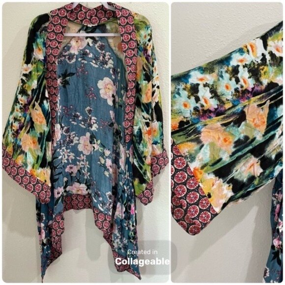 Umgee Boho Patchwork Floral Kimono Cardigan Western Shabby Chic Hippie - Picture 1 of 7
